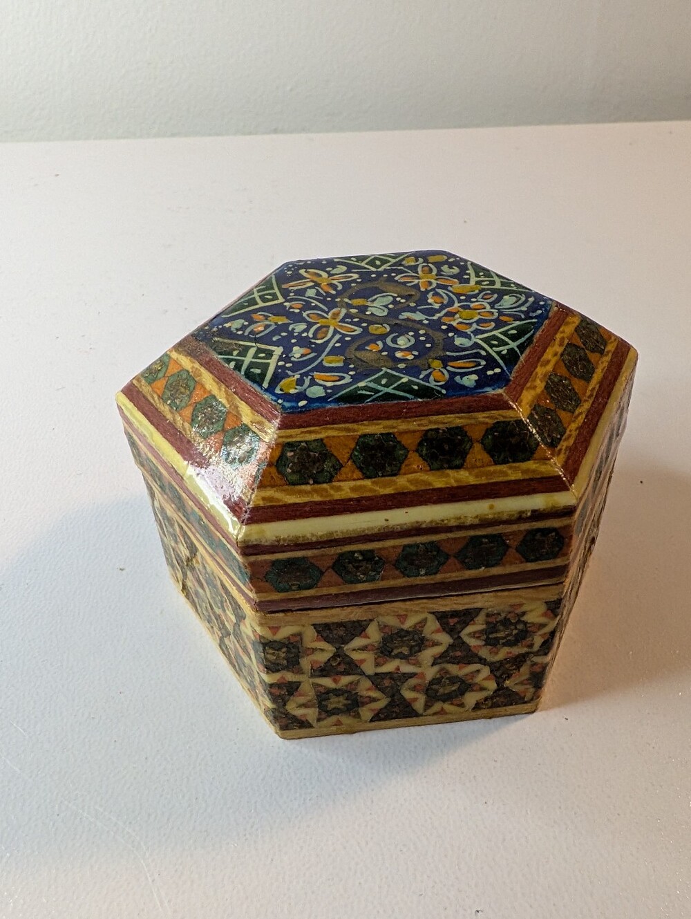 Vintage Hexagonal Marquetry Inlay Wooden Trinket Box Floral Hand Painted